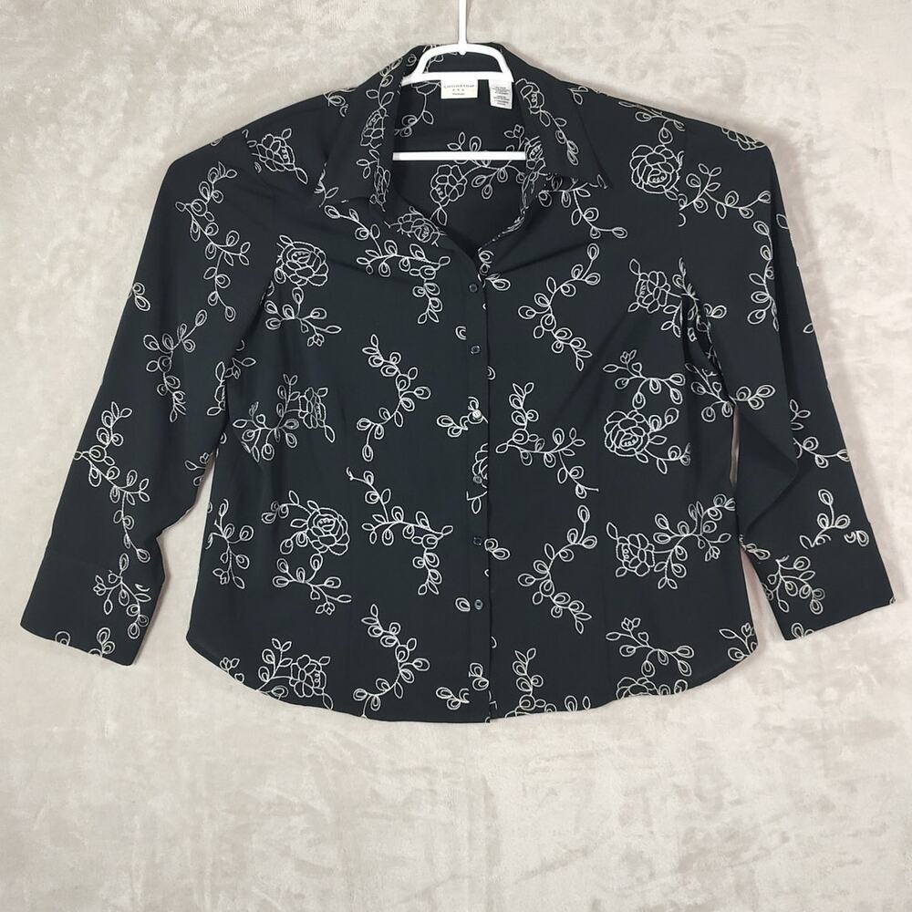 Covington 20-22W Black White Embroidered Floral Button Down Blouse Long Sleeve